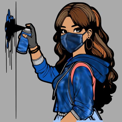 realistic girl with mask spray painting a wall
