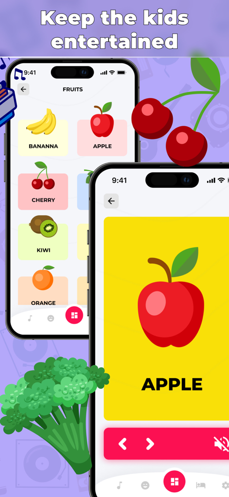 Nursery Rhymes & Lullabies - Pantalla de app móvil educativa mostrando coloridas tarjetas de frutas para que los niños pequeños aprendan e identifiquen frutas como manzanas y plátanos