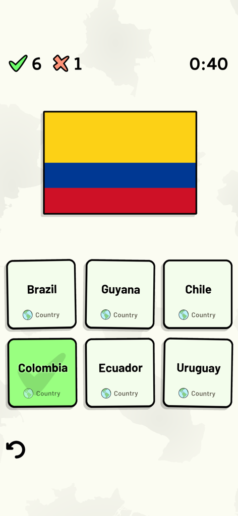 A geography quiz interface showing the flag of Colombia with multiple choice country options