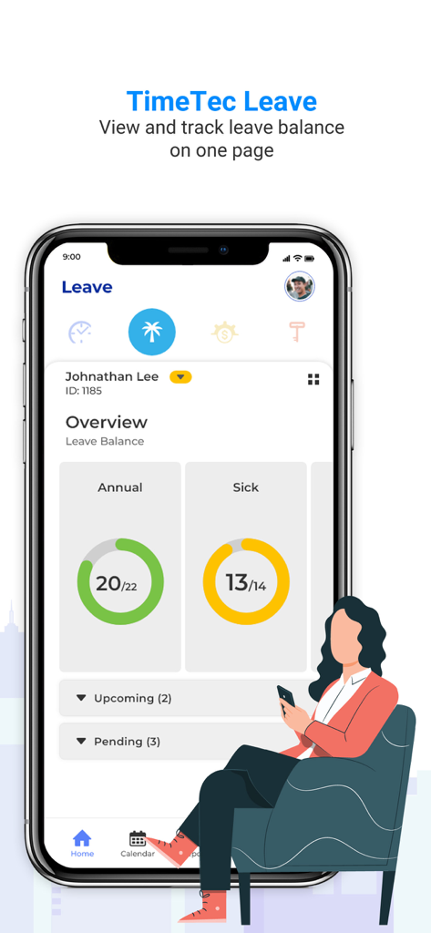 TimeTec HR - TimeTec HR app leave balance overview screen showing annual and sick leave tracking