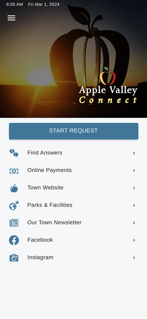 Apple Valley Connect - Home screen of the Apple Valley Connect app showing the main menu with options for reporting issues and accessing town services
