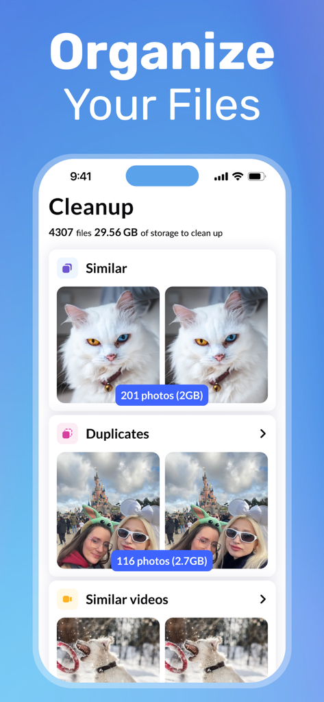 Screenshot of Cleanup App showing sections to find and delete similar photos, duplicate images, and similar videos to free up phone storage