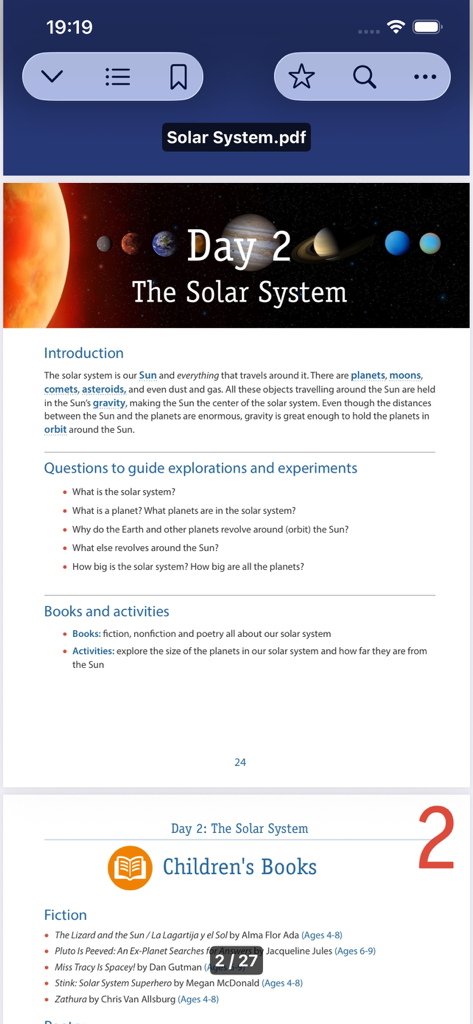 FE File Explorer Pro - PDF viewer interface in FE File Explorer Pro app displaying a document about the solar system