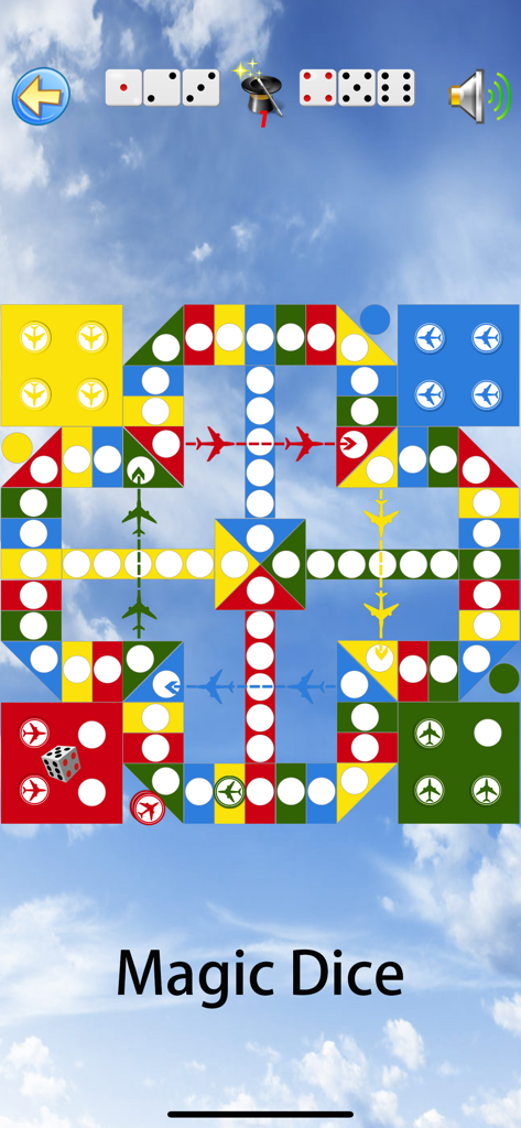 Ludo -  Parcheesi Game - Aeroplane themed board game interface showing the Magic Dice feature in Ludo Parcheesi Game.