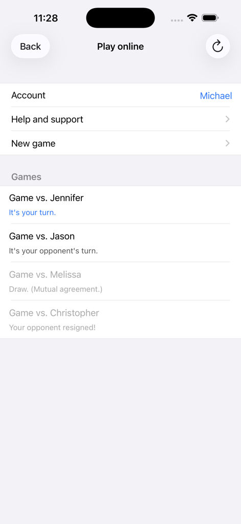 Chess - tChess Lite - Online play menu in tChess Lite showing a list of active and completed games with various opponents