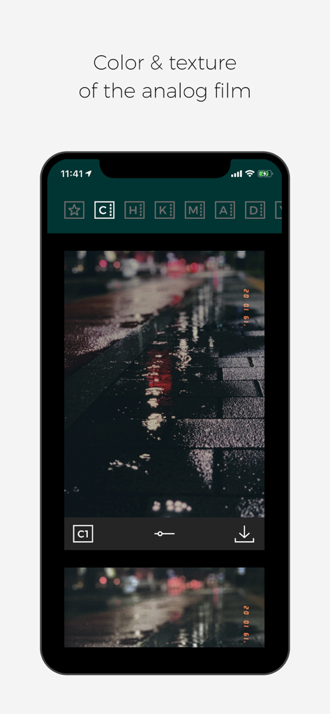 Filmlike Camera app interface showing a nostalgic photo with analog film texture and a date stamp