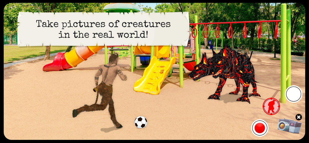 Myths & Legends (Full Version) - Visão de realidade aumentada mostrando um sátiro e uma fera de três cabeças em um parquinho do mundo real.