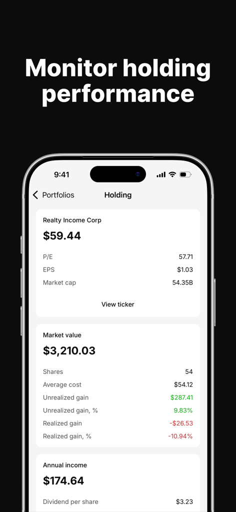 Dividend Tracker - Plainzer - Plainzer mobile app screen displaying detailed stock holding performance including market value and annual dividend income metrics