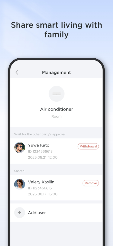 Management screen in the TCL Home app for sharing smart home device control with family