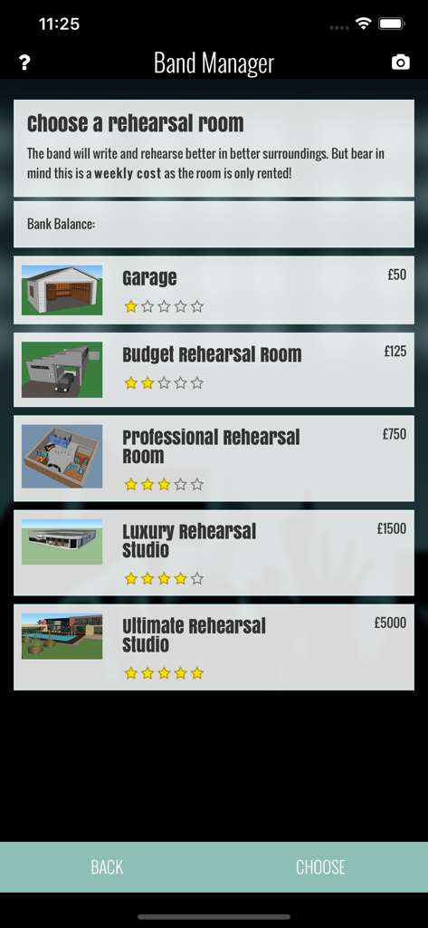 Superstar Band Manager - Menú del juego para elegir una sala de ensayo en Superstar Band Manager que muestra varias opciones de estudio y costes