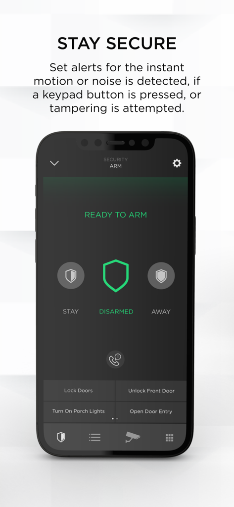 Savant - Savant Pro app security interface on an iPhone showing arming modes and door lock controls for a smart home.