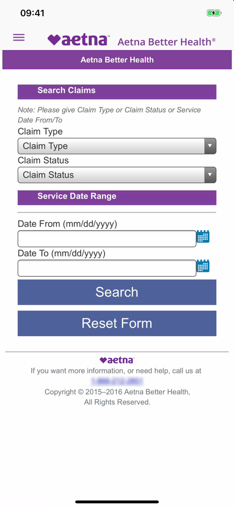 Aetna Better Health - Medicaid - Aetna Better Health Medicaid app search claims interface with filters for claim type status and date range
