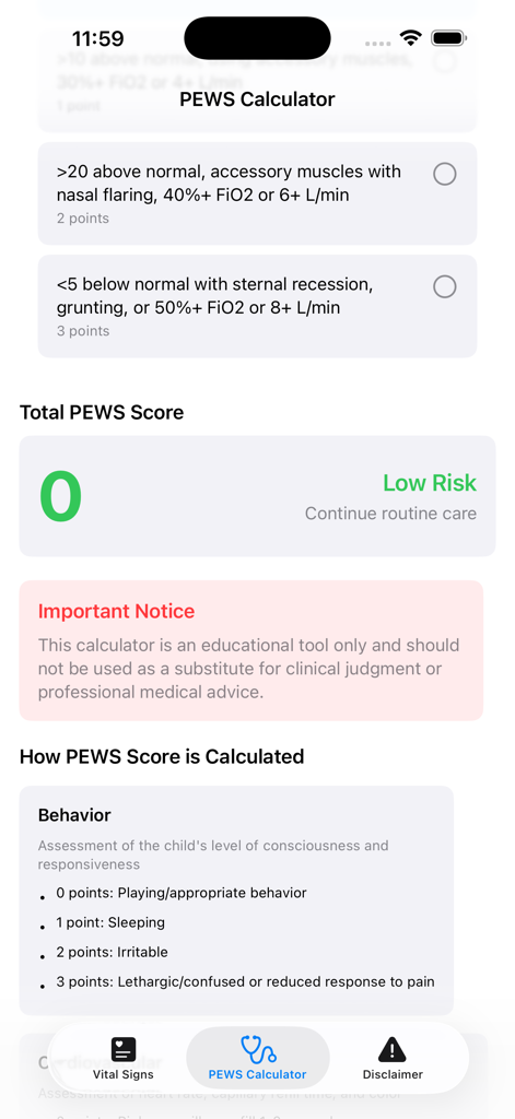 PEWS Vitals mobile app showing the PEWS Calculator screen with a low risk score of zero