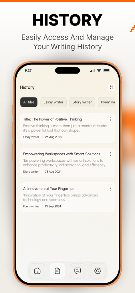 AI Writer: Essay, Story, Email - A screenshot of the AI Writer app showing a history list of generated essays, stories, and poems.
