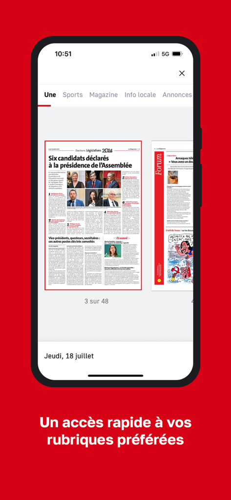 Interface of the Le Telegramme mobile app showing digital newspaper pages and navigation menu for sports and local news