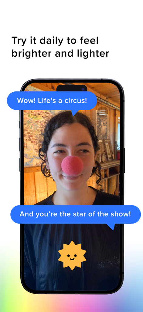 HOPECORE - ピエロの鼻をした女性が、「人生はサーカスであり、あなたは主役だ」というポジティブなAIアファメーションを受けています