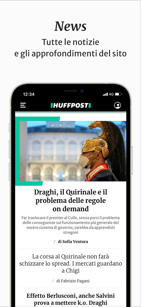 HuffPost Italia - Smartphone screen showing the HuffPost Italia app news section with headlines about Italian politics