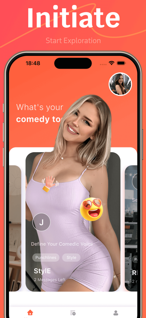 Ribx - Fun & Together - Interfaz de la aplicación Ribx que muestra la pantalla de exploración de comedia y definición de voz