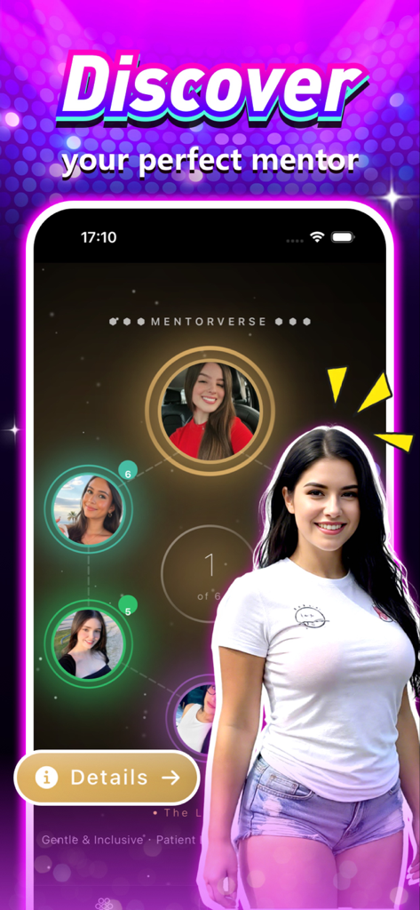 Vexen - Chat&Social - Vexen app interface showing the Mentorverse screen for discovering and selecting an AI mentor.