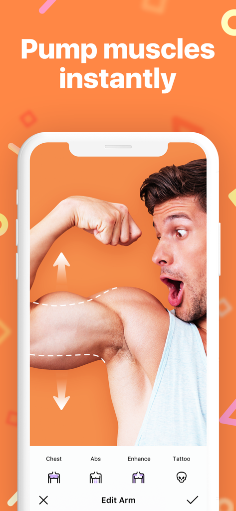 MAKEOVER - Body photo editor - Interfaz de la aplicación MAKEOVER que muestra la mejora del músculo bíceps en el brazo de un hombre