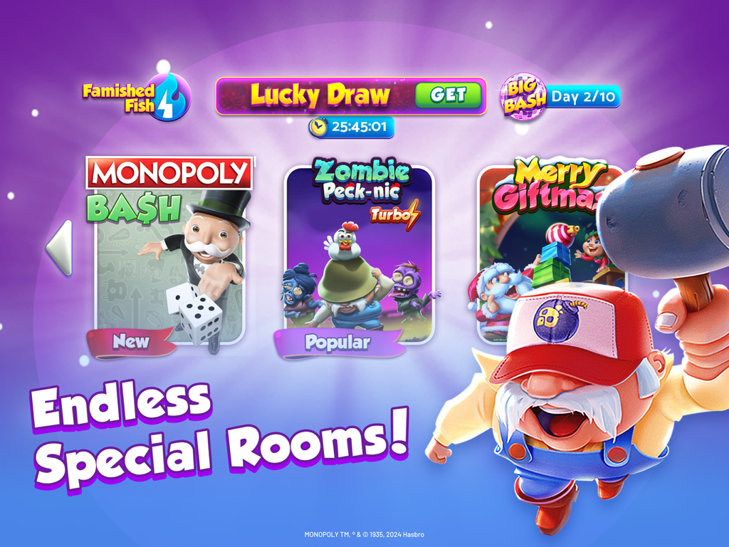 Bingo Bash HD Live Bingo Games - Screenshot of Bingo Bash featuring various themed bingo rooms like Monopoly Bash and Zombie Peck-nic.