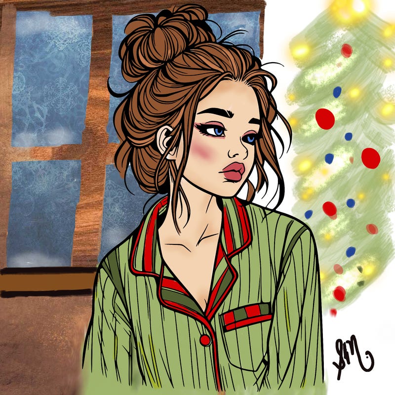 realistic woman with pajamas on and a messy bun