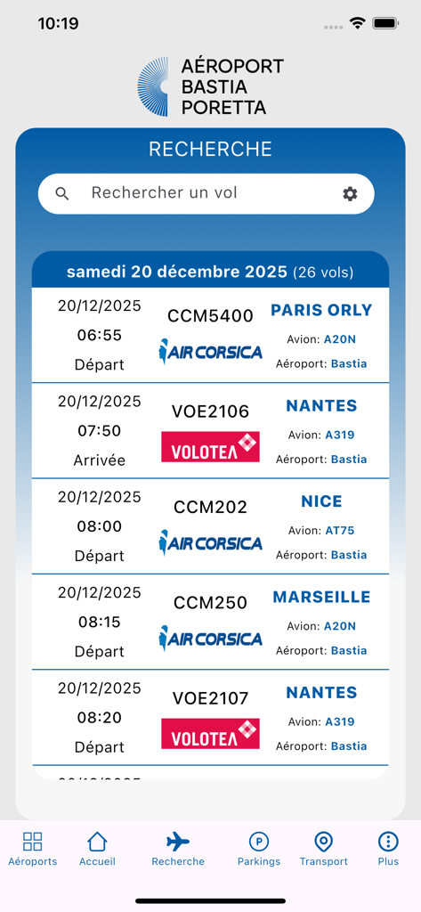 Aéroports de Corse - Flight search results for Bastia Poretta Airport showing airline routes and departure times