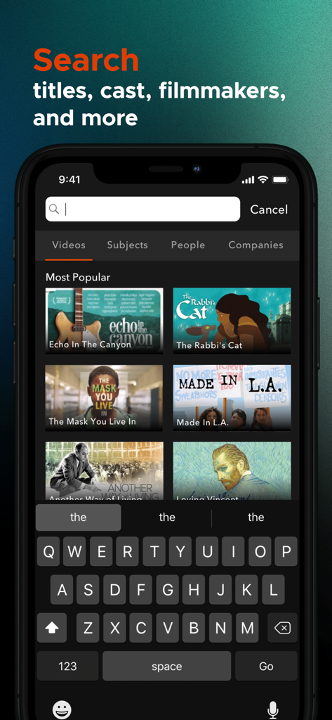 Kanopy - Search screen of the Kanopy app on an iPhone showing a list of most popular independent films and documentaries.