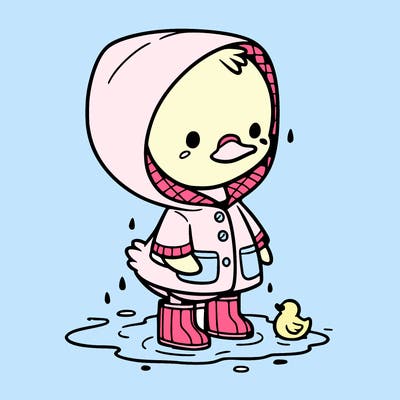 baby duck in a rain coat and boots, in a puddle while it’s raining