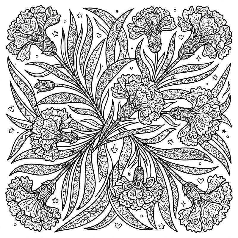 Immerse yourself in the calming beauty of this Zentangle Carnation Leaves coloring page. Each intricate detail offers a perfect opportunity for relaxation and creative expression.