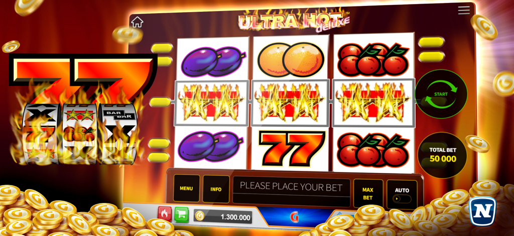 Gaminator Casino Slots & Games - Gaminator Casino 앱의 Ultra Hot Deluxe 복고풍 슬롯 머신 게임 플레이, 불타는 행운의 7과 과일 기호 표시