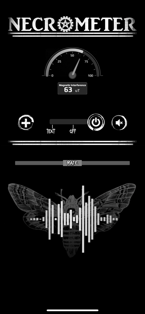 Necrometer - The Necrometer app interface displaying a magnetic interference gauge and an audio waveform.