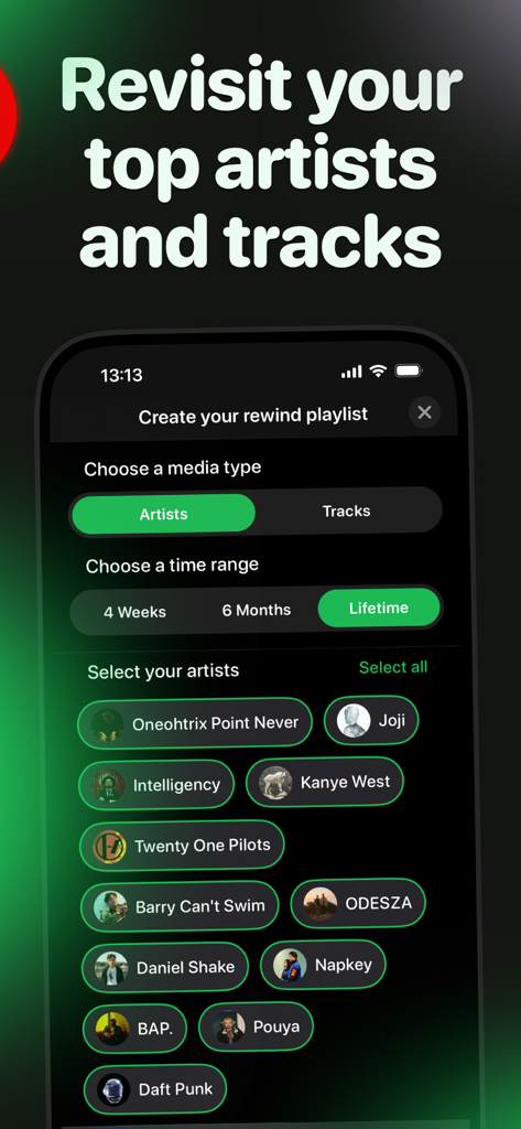 A mobile interface for the PlaylistAI app showing options to create a rewind playlist by selecting top artists and a time range like lifetime or 6 months.