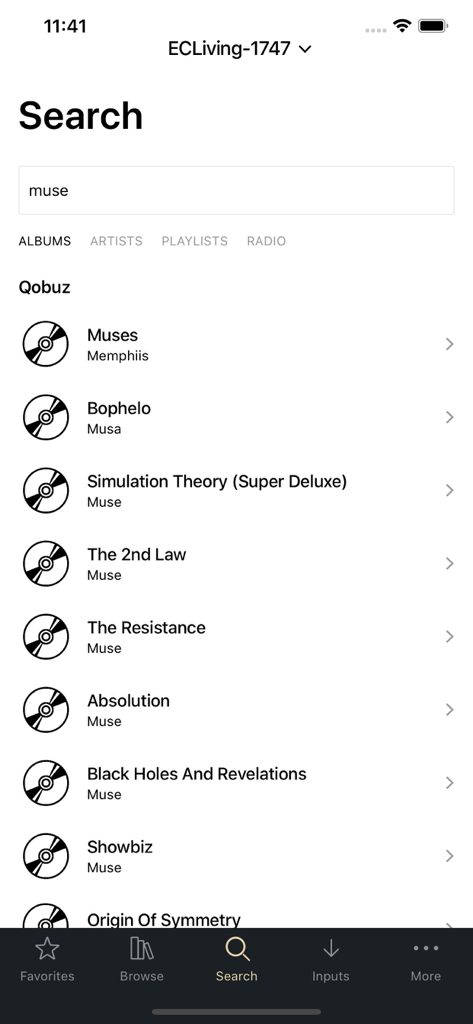 EC Play - Search results for the artist Muse on the EC Play app showing integrated Qobuz streaming albums for audiophile audio systems