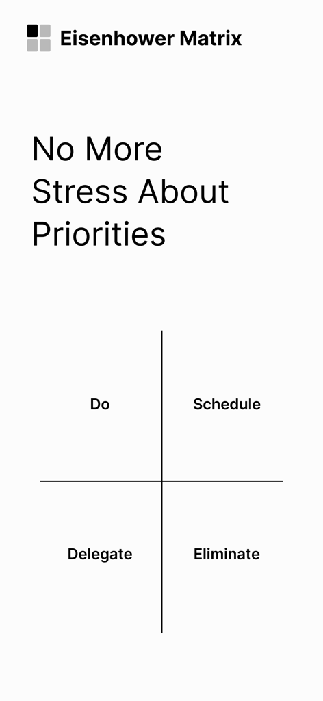 タスク管理のための「実行」「スケジュール」「委任」「削除」とラベル付けされたアイゼンハワー・マトリクスのクアドラント