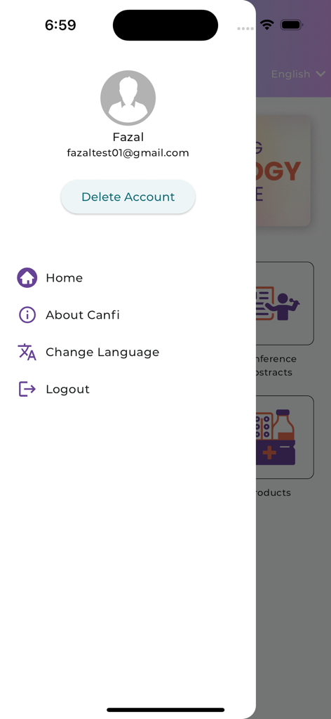 MSN Canfi - Side navigation menu of the MSN Canfi app showing user profile details and options for Home, About Canfi, Change Language, and Logout.