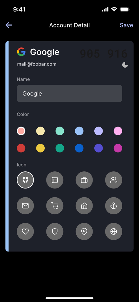 Auth0 Guardian - Auth0 Guardian account detail screen showing options to customize the name, color, and icon for a Google multi-factor authentication account.