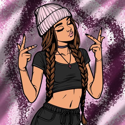 realistic teenage girl with braids and a beanie and crop top doing 🫶🏼