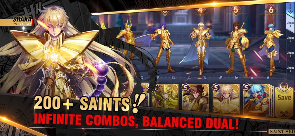 A lineup of various Gold Saints in the team formation menu of Saint Seiya Awakening