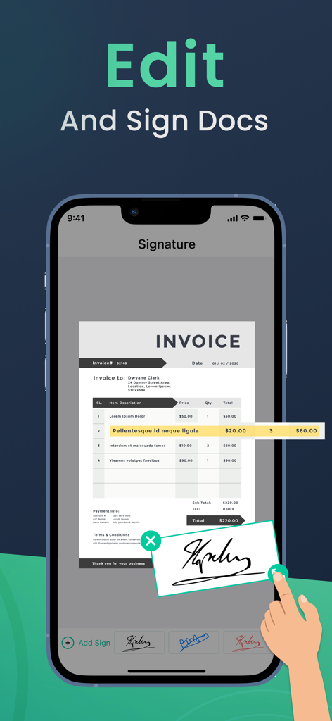 PDF Scanner App for Documents - Pantalla de smartphone mostrando la función para editar y firmar un documento de factura digital