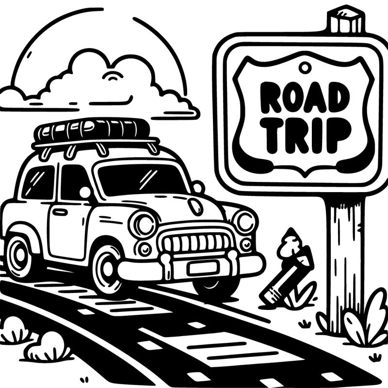 road trip sign with a car