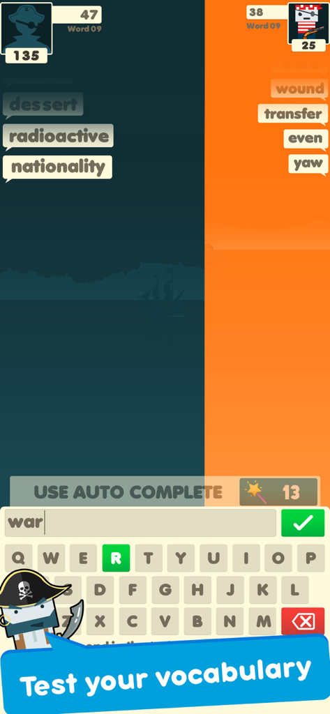 Word War - Word Battle Games - Captura de tela do jogo mobile Word War mostrando uma batalha de vocabulário com personagens piratas e uma interface de digitação.