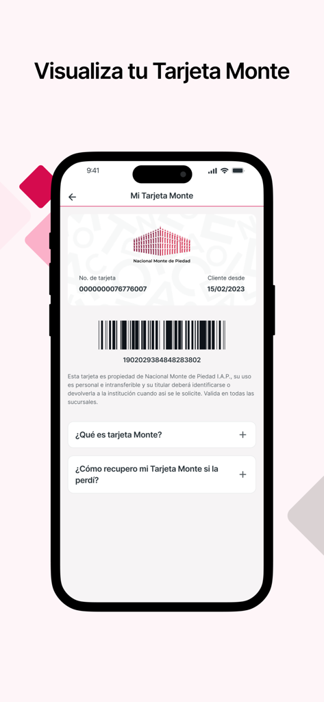 Display digitale della Tarjeta Monte con codice a barre e dettagli dell'account nell'app Mi Monte