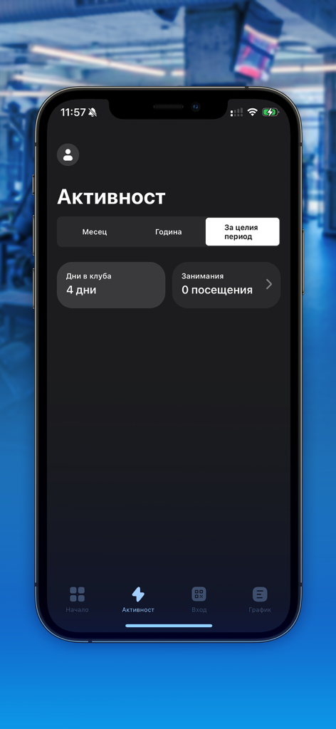 Activity tracking screen of the Next Level Fitness App showing gym visits and workout progress on a mobile device.
