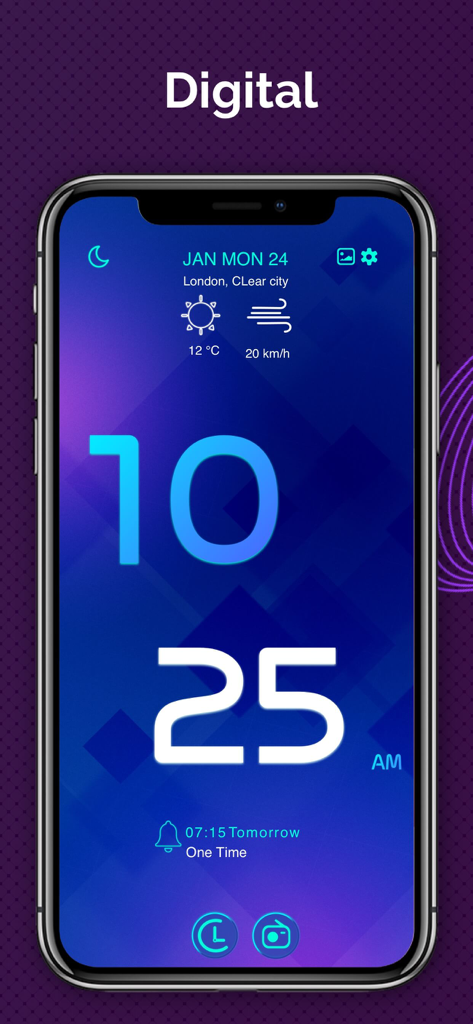 Alarm Clock Radio & Reminders - Uma interface moderna de despertador digital exibindo hora, data, clima local e próximos detalhes de alarme em um fundo geométrico azul.