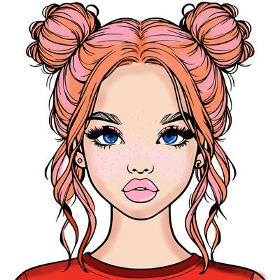 realistic girl with two buns in hair and lips