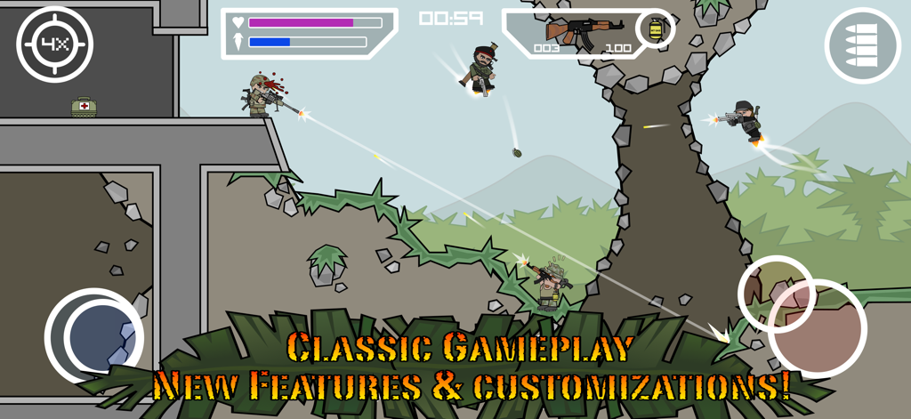 Gameplay of Mini Militia Classic featuring 2D stickman soldiers in combat