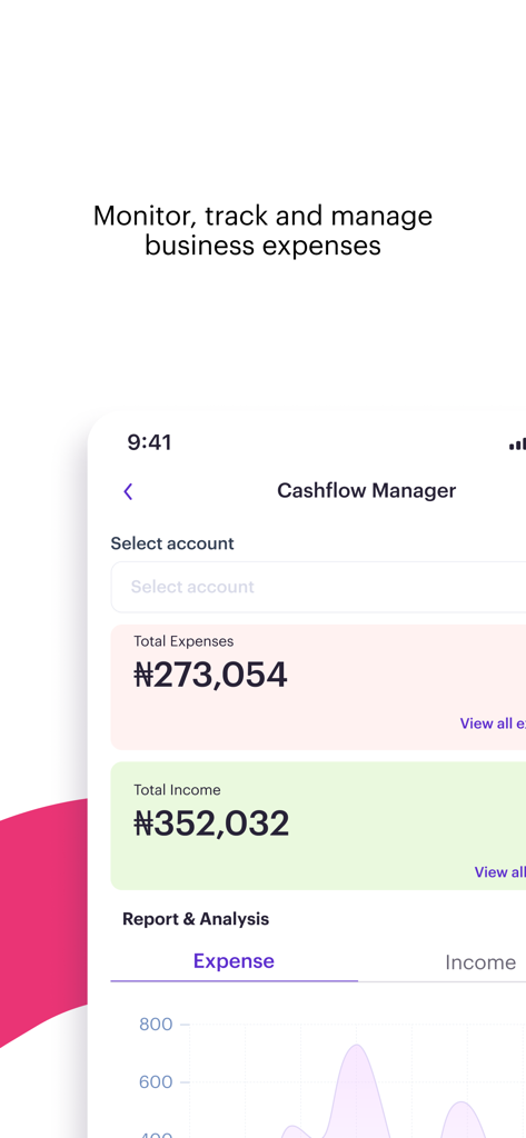 Pantalla de la aplicación Carbon para monitorear y rastrear gastos e ingresos del negocio