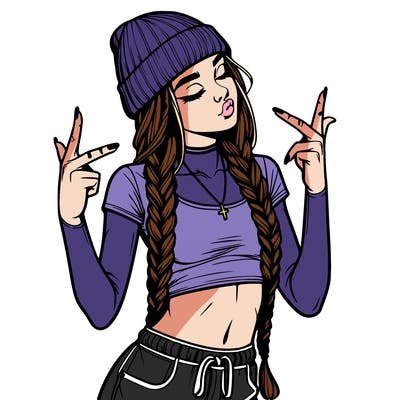 realistic teenage girl with braids and a beanie and crop top doing 🫶🏼
