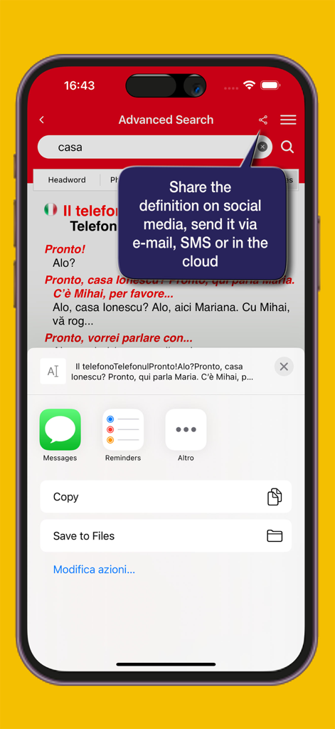 ルーマニア語辞書Hoepliアプリの高度な検索画面で、単語定義の共有オプションが表示されている様子